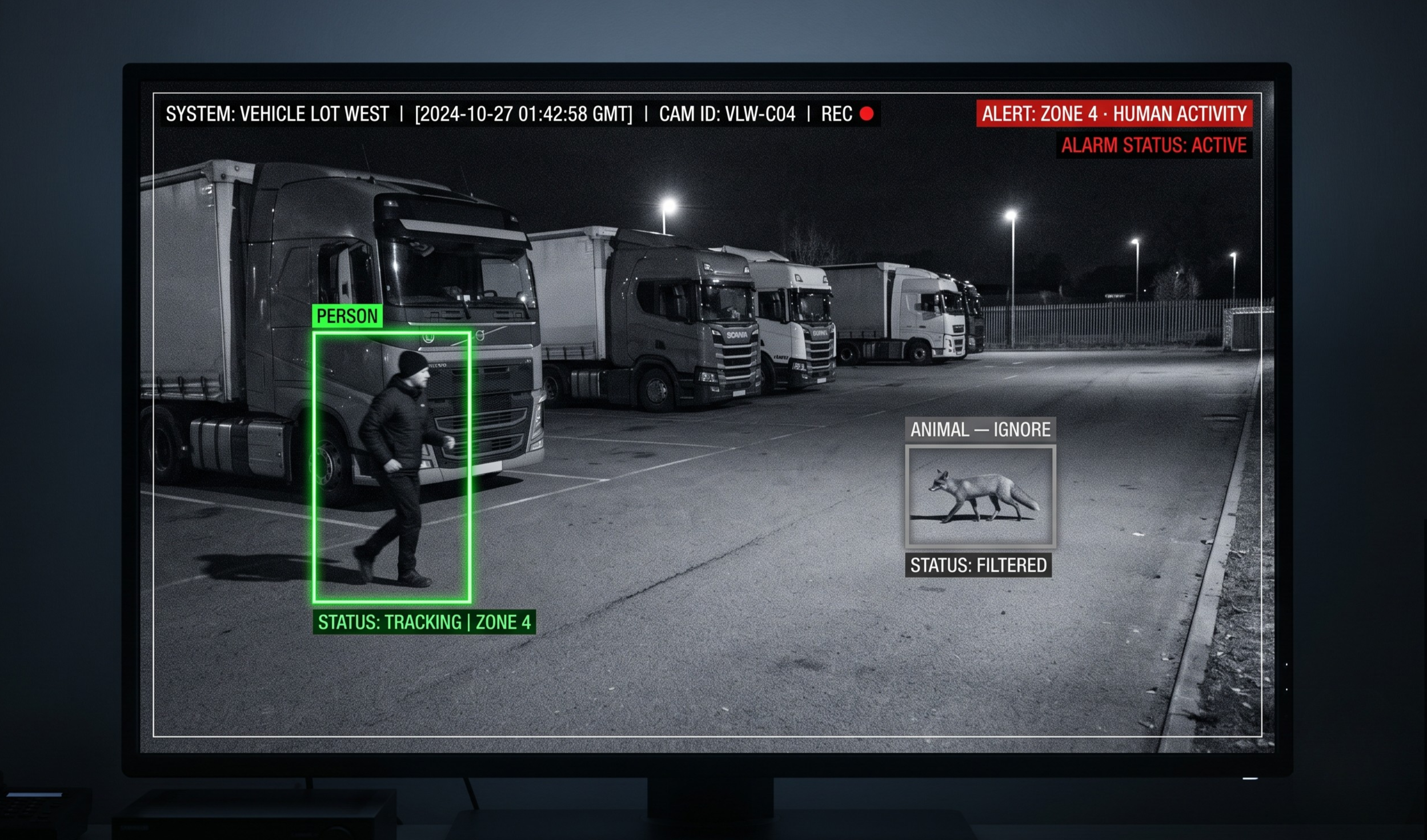 Command center monitor showing AI threat verification on a commercial truck lot feed: a person tracked in Zone 4 while an animal is filtered out.